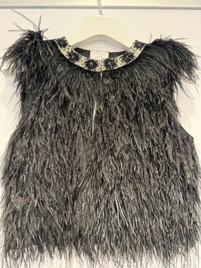 Ostrich Feather Vest with Embellished Collar - Black size L